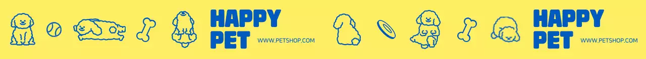 Thiết kế cửa hàng sản phẩm dành cho thú cưng với đồ dùng cho chó dễ thương và hình minh họa nhân vật chó có màu vàng và xanh lam.