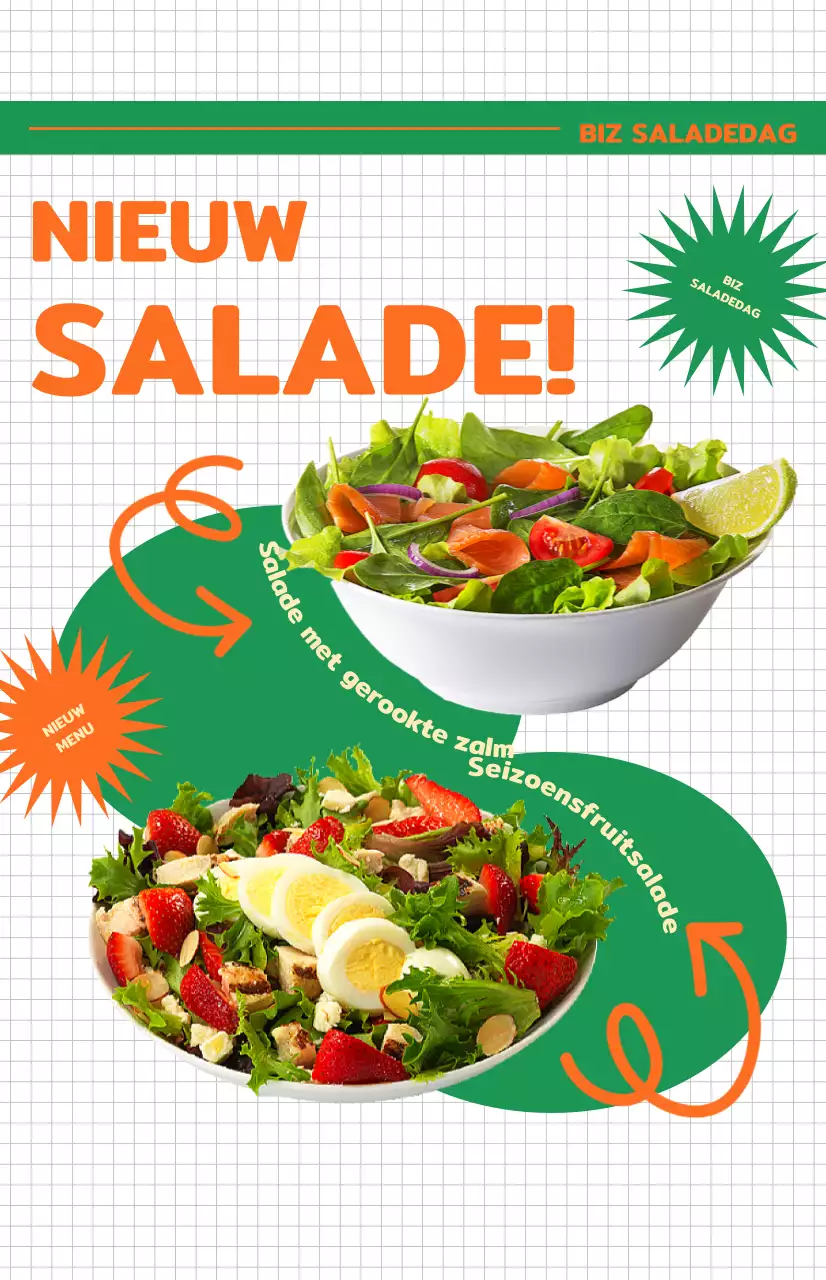 Promoot het menu van een fris uitziend saladecafé met een vlag