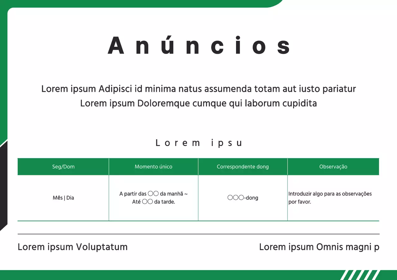 Uma ficha de informação simples, a preto e verde, sobre as instalações