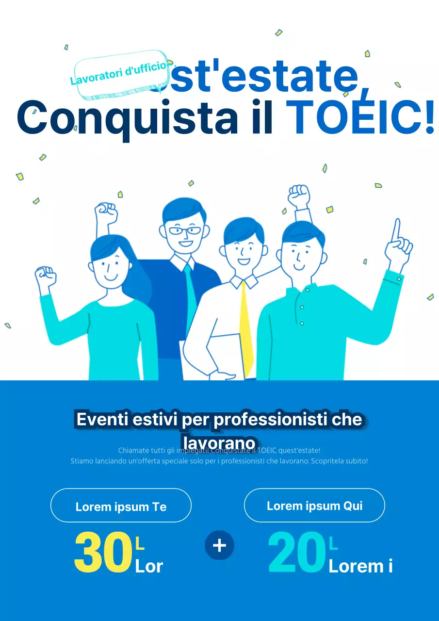 Un simpatico volantino blu e bianco che promuove un evento di studio sociale in inglese