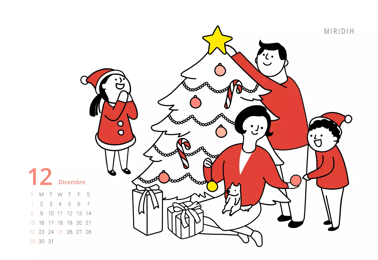 Simpatico calendario da tavolo illustrato verde a tema famiglia
