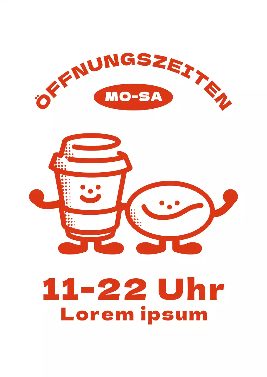 Niedliche rote Kaffee- und Bohnen-Illustrationen mit Informationen zu den Öffnungszeiten des Cafés