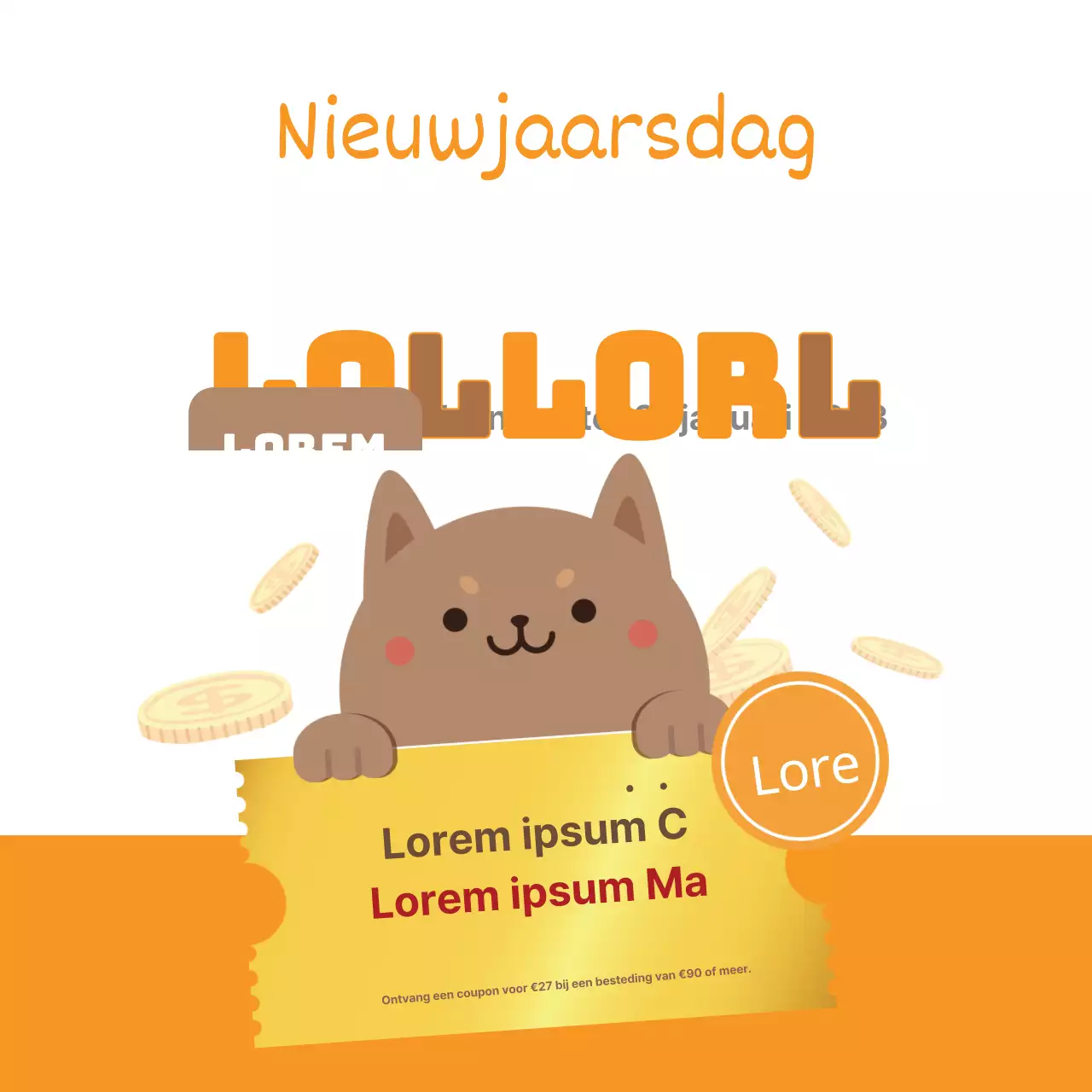 Schattige nieuwjaarsuitverkoop met een oranje puppy-illustratie