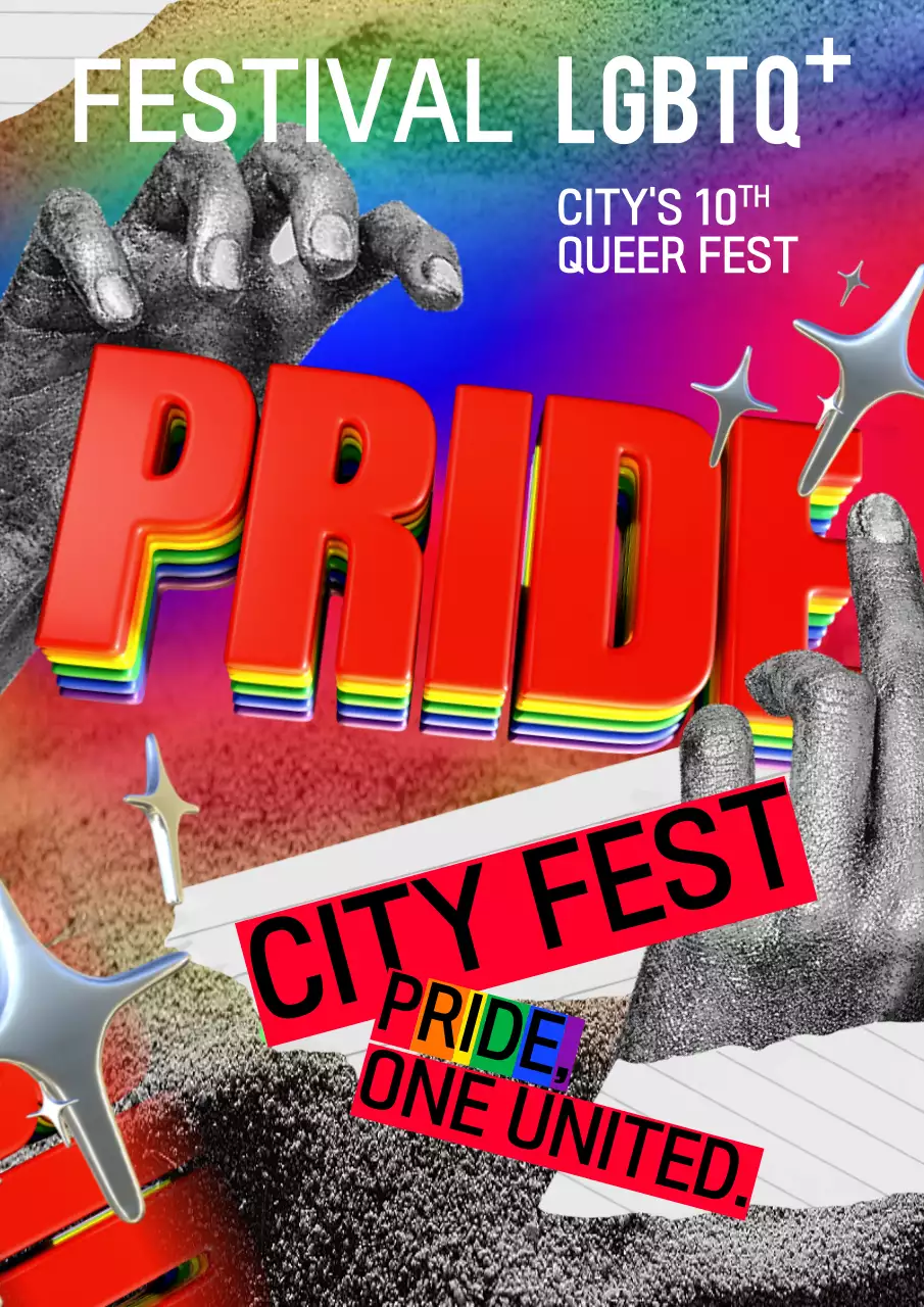 Queer Pride in rainbow text and collage format