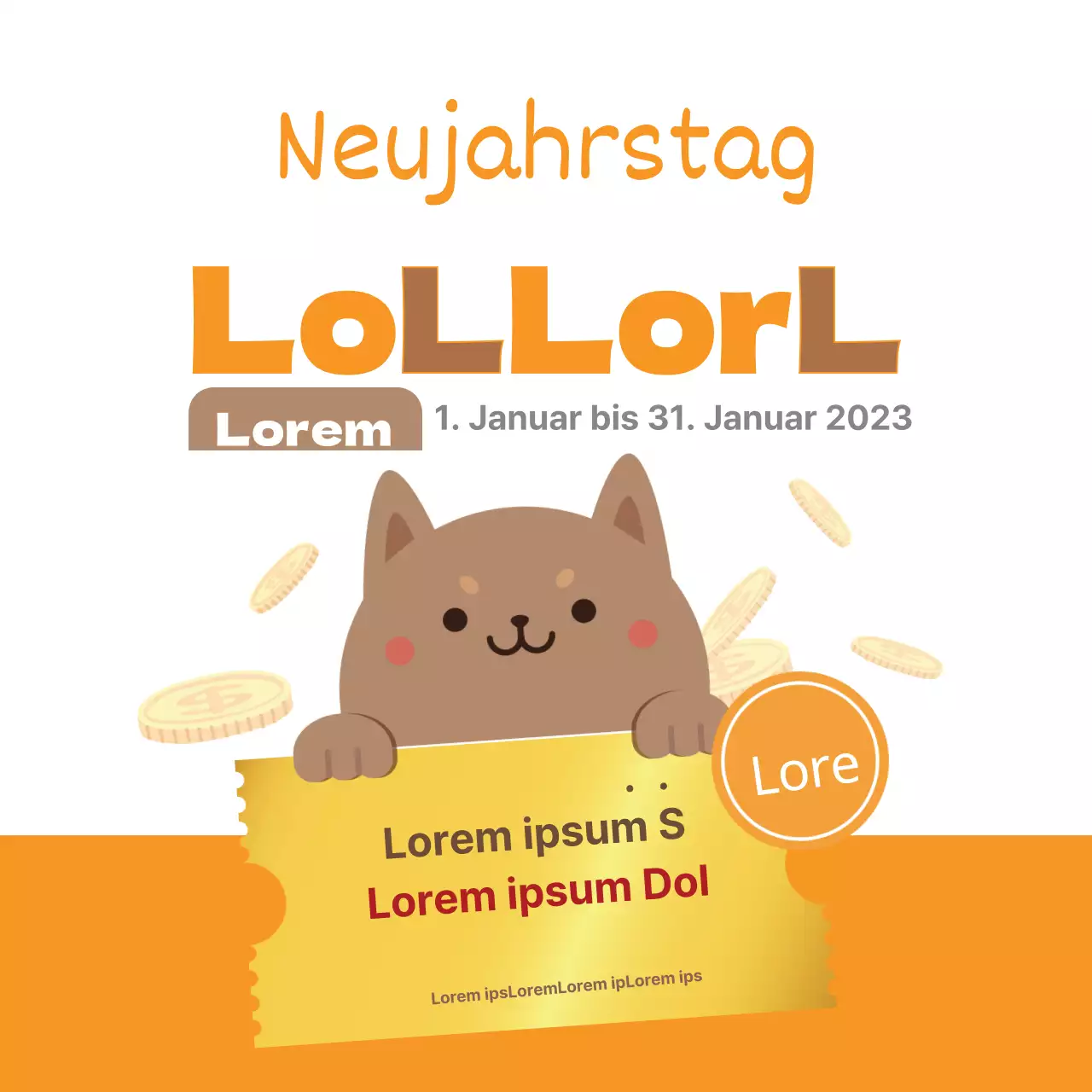 Niedlicher Neujahrsverkauf mit orangefarbener Welpenillustration