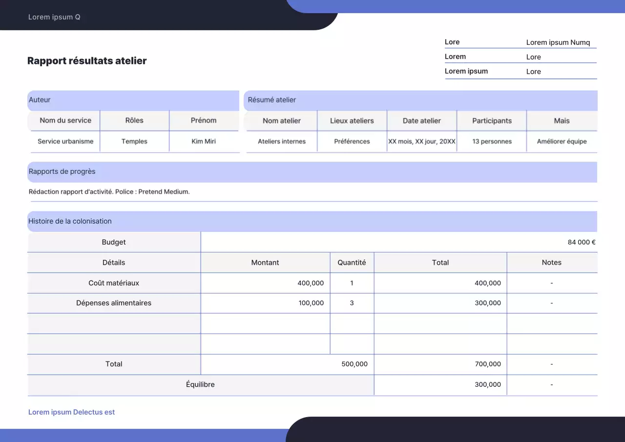 Rapport des résultats de l'atelier avec un concept simple et arrondi en noir et bleu