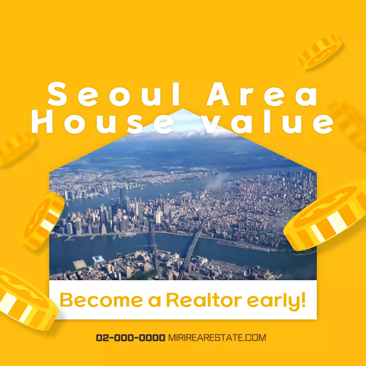 Rumah kuning dengan uang berjatuhan dari dalamnya Agen real estat Pengenalan harga rumah di daerah Seoul