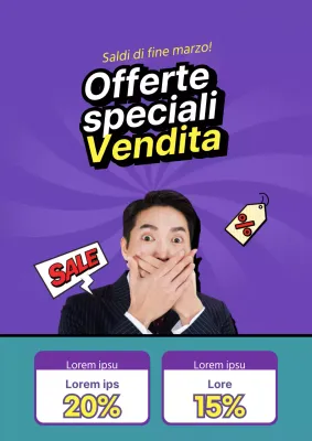Semplice volantino per la vendita al centro commerciale in viola e giallo