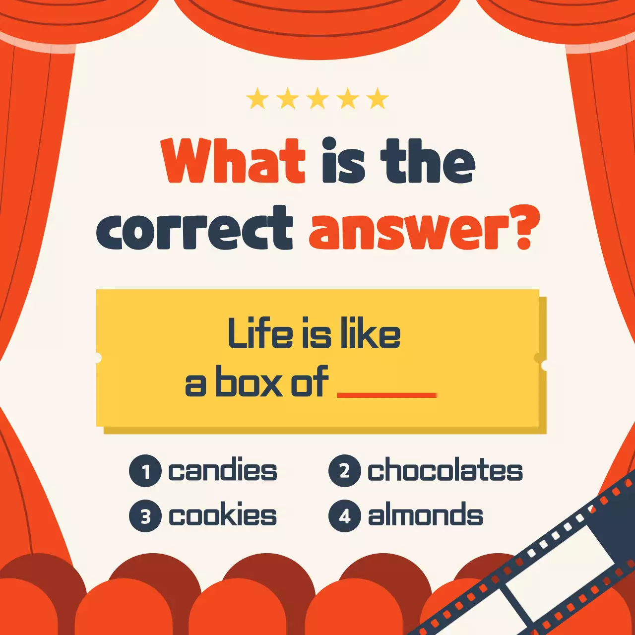 Cinema-themed movie quiz event in red, yellow, and indigo (Card News)