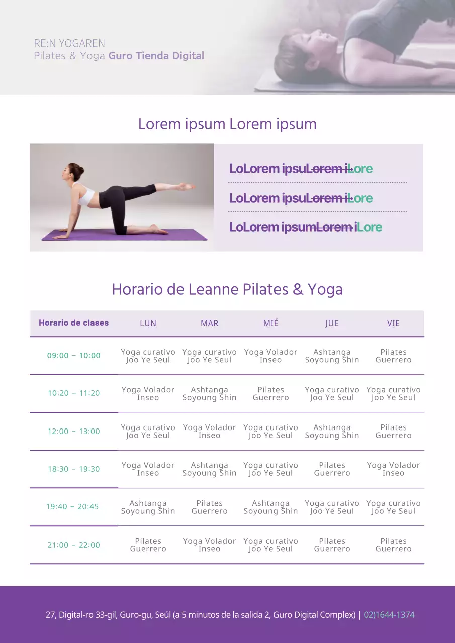 Elegante folleto promocional con horario de clases de Pilates en morado
