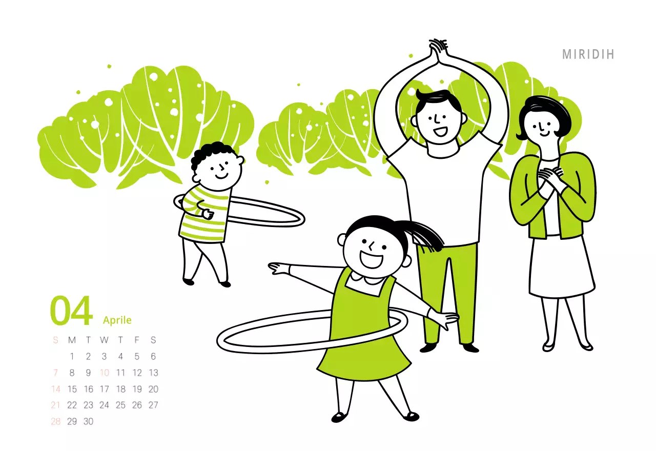 Simpatico calendario da tavolo illustrato verde a tema famiglia