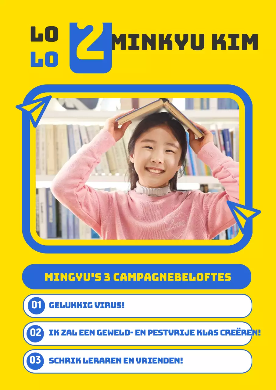 Eenvoudige kandidatengids voor klassenstoelen met gele en blauwe foto's en illustratie van papieren vliegtuigjes