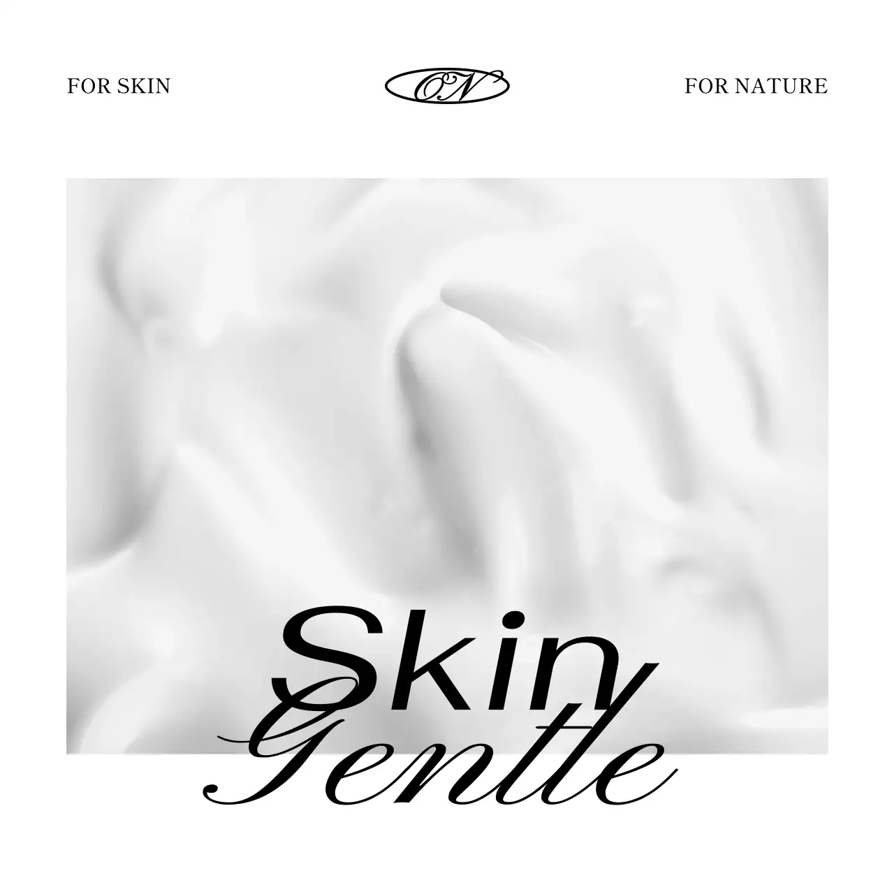 Cartão de agradecimento de conceito de luxo para uma marca de cosméticos com cosméticos brancos e pretos e uma fotografia do oceano.