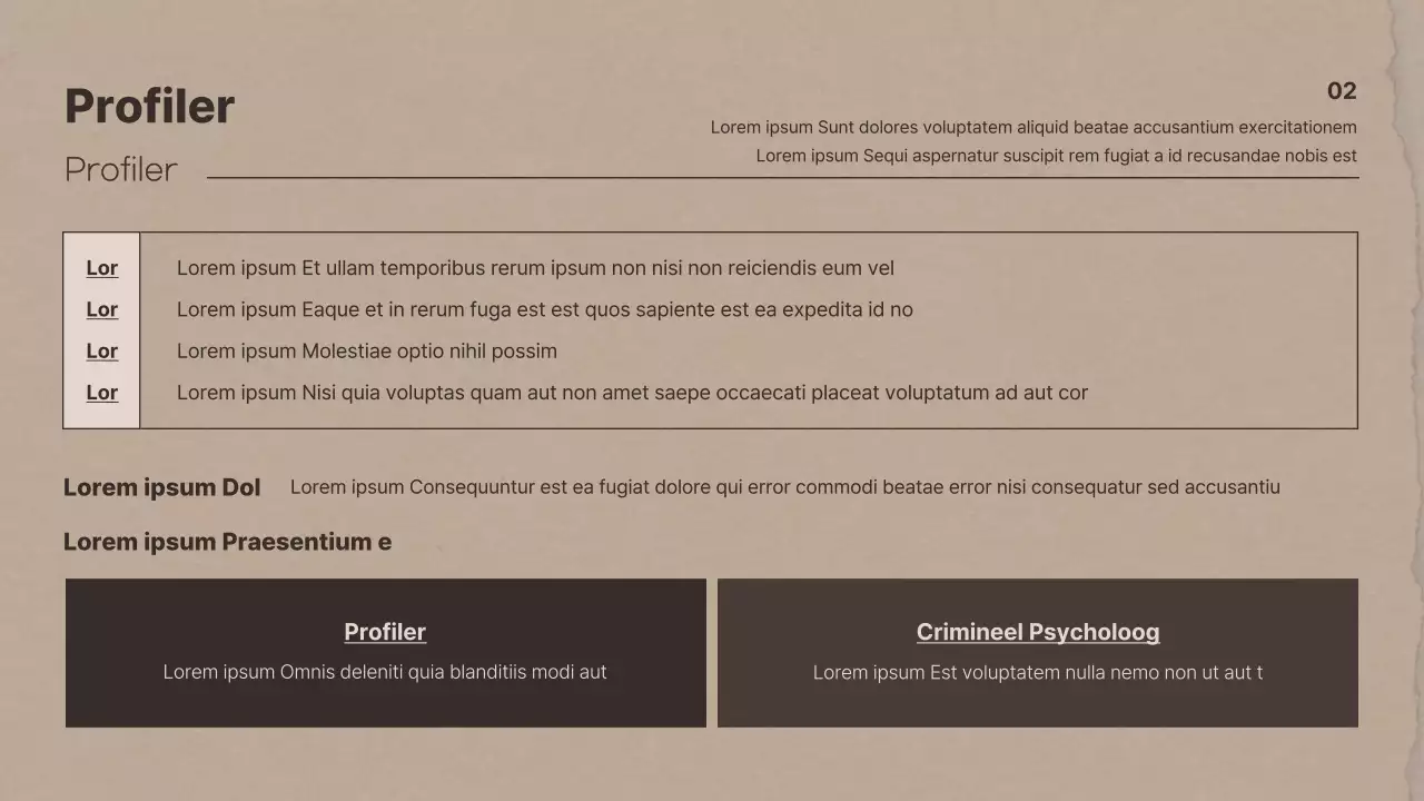 Onderzoekspresentaties criminele psychologie met bruin papier als thema