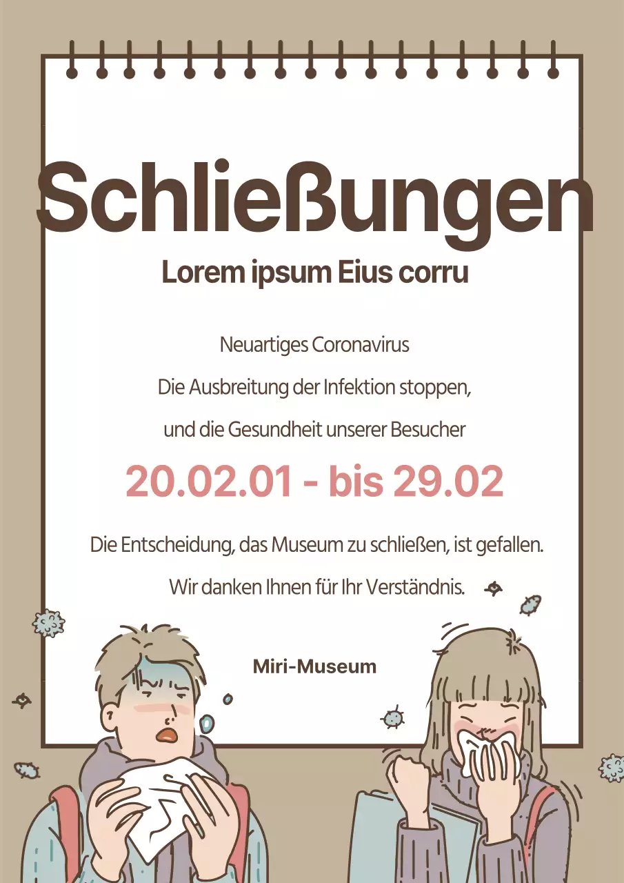 Ein hübsches beiges Flugblatt, das die Schließung des Museums ankündigt, um die Ausbreitung des Virus zu verhindern