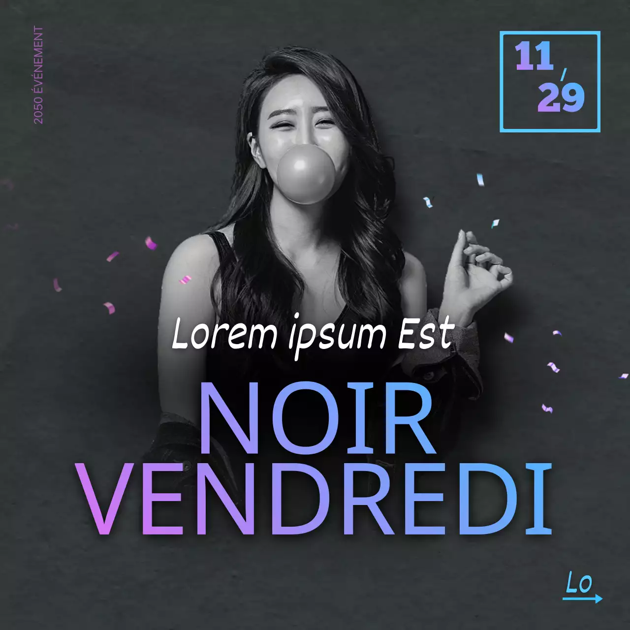 Fond bleu foncé dégradé femme soufflant bubblegum Événement Black Friday