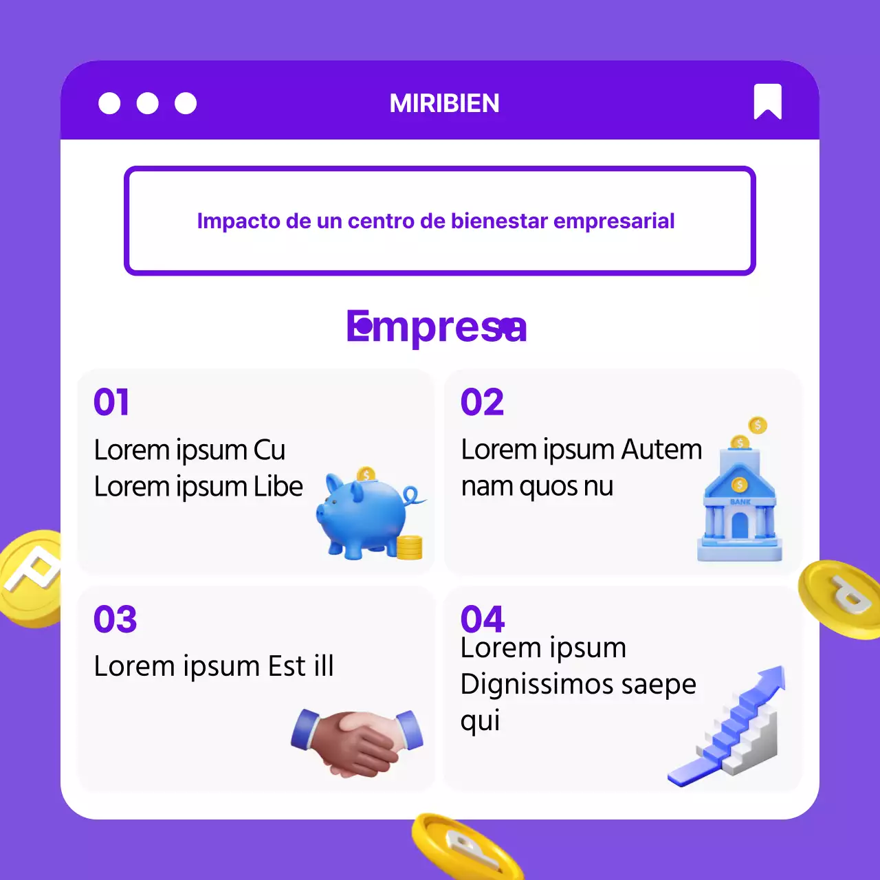 Efecto de centro comercial de bienestar corporativo con el concepto 3D púrpura-amarillo CardNews