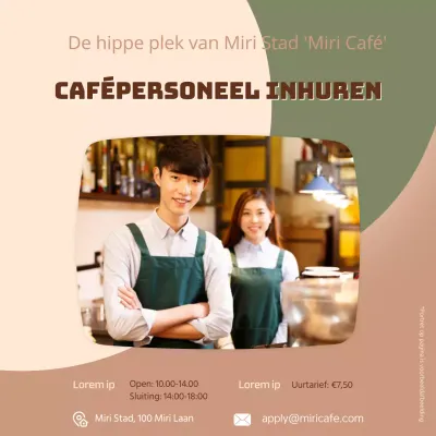Vacature voor cafépersoneel met foto op bruine en groene achtergrond V2