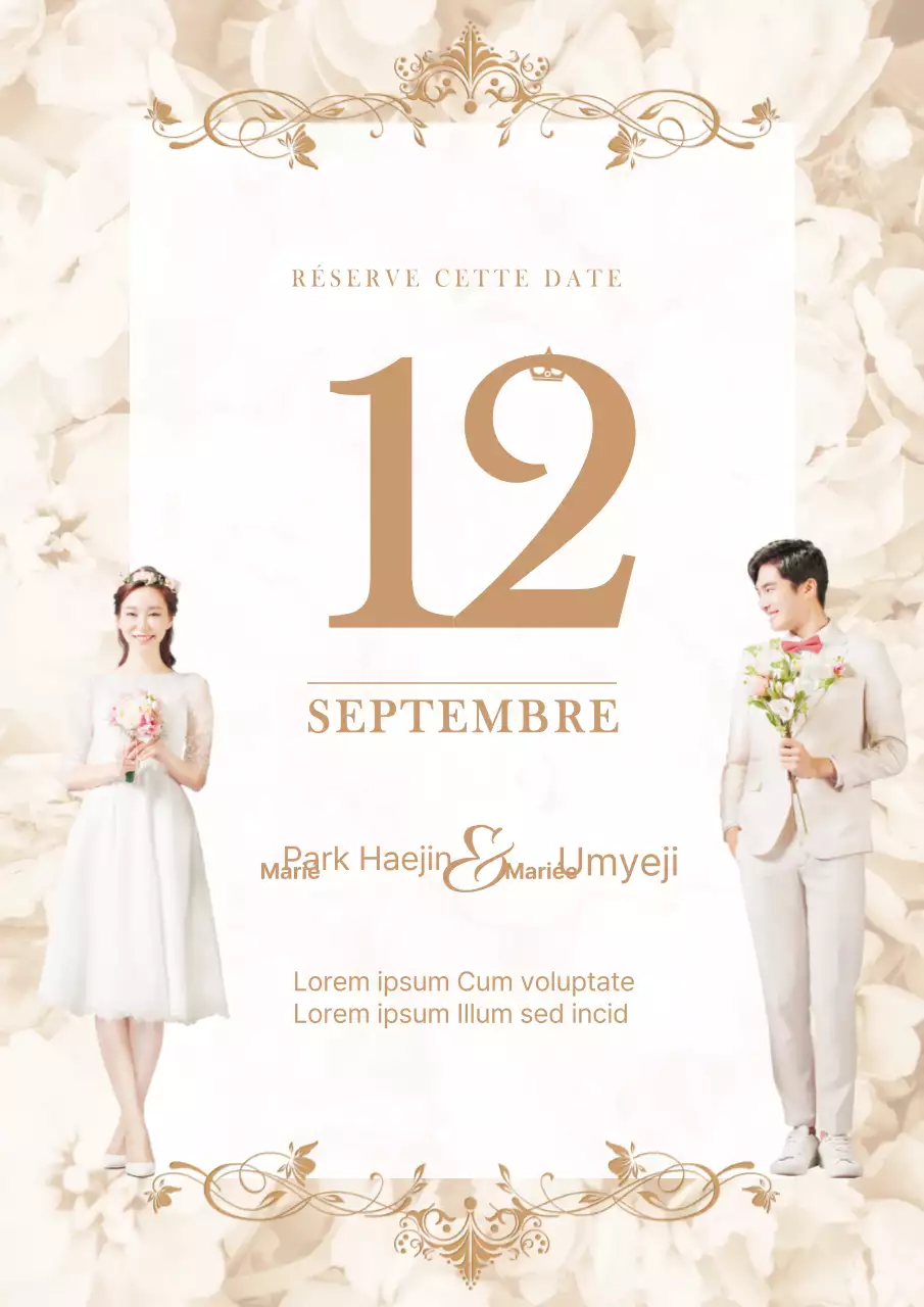 Guide de mariage luxueux avec photos des mariés en ivoire et or