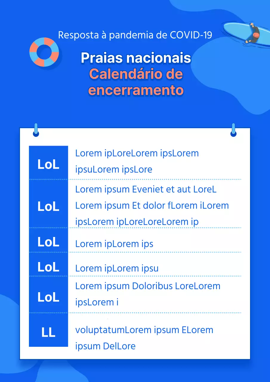 Calendário de abertura da praia no verão com ilustrações do oceano azul