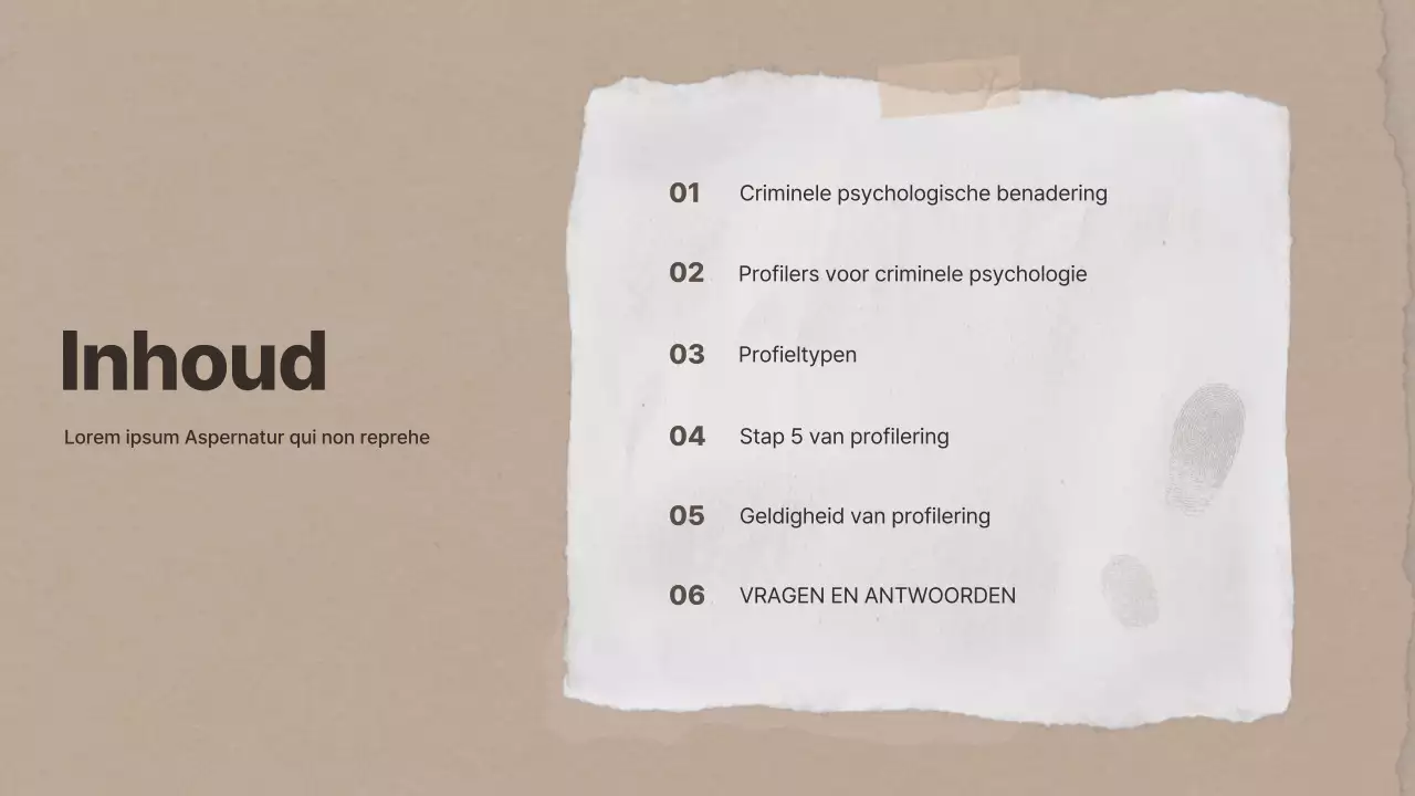 Onderzoekspresentaties criminele psychologie met bruin papier als thema