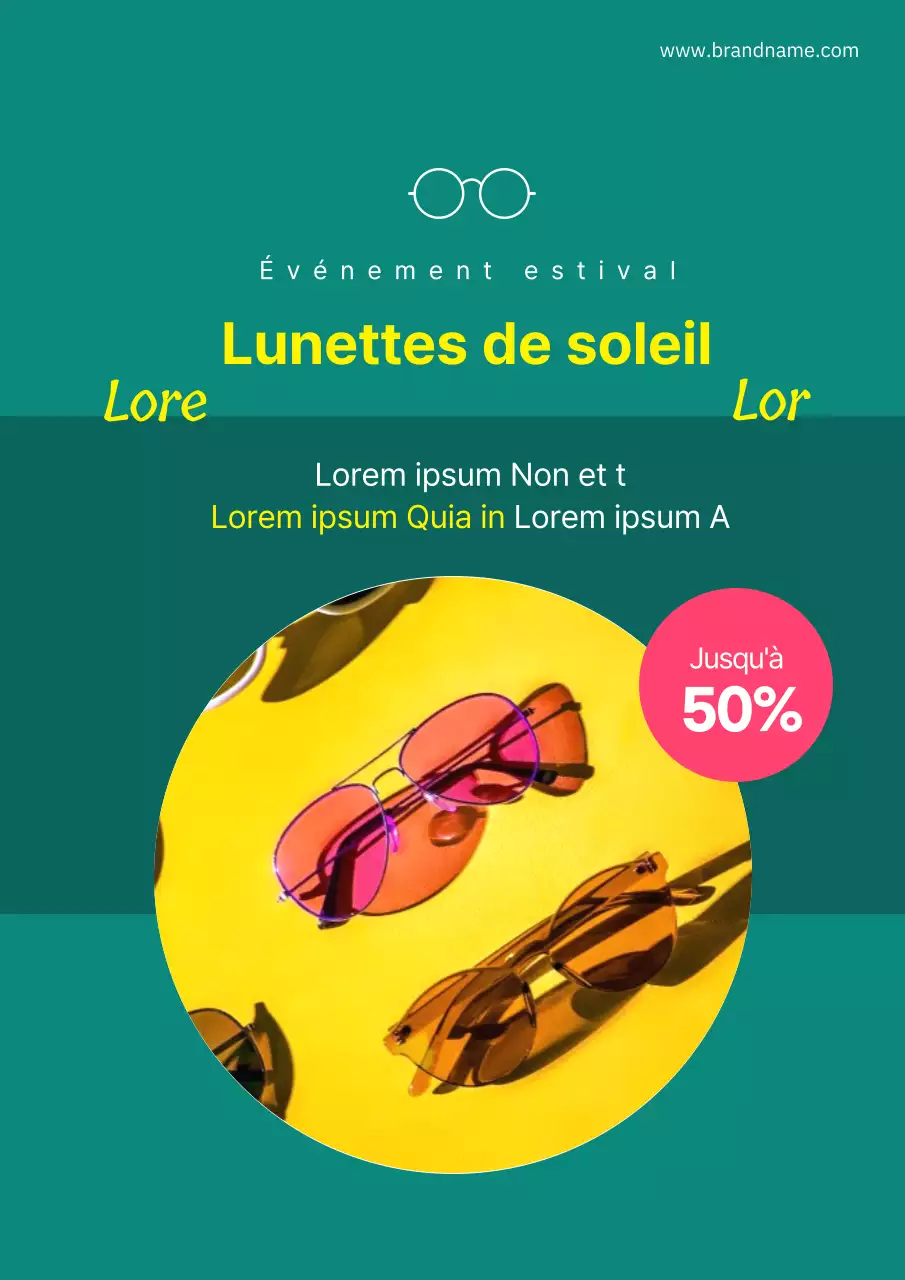 Flyer simple vert et jaune pour un événement de remise de lunettes de soleil