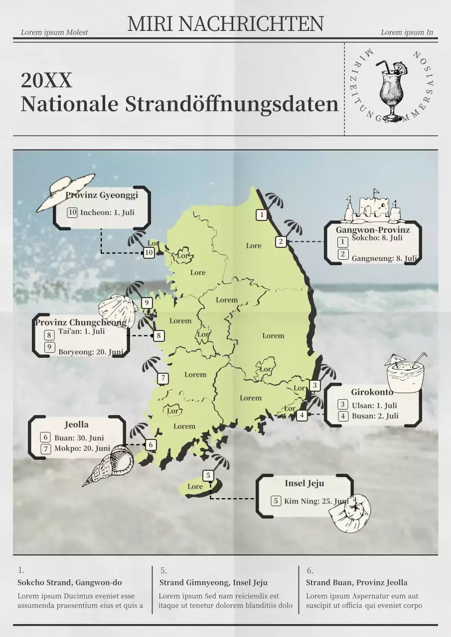 Nationale Strandöffnungsdaten mit einer grauen Zeitungskonzeptkarte von Korea