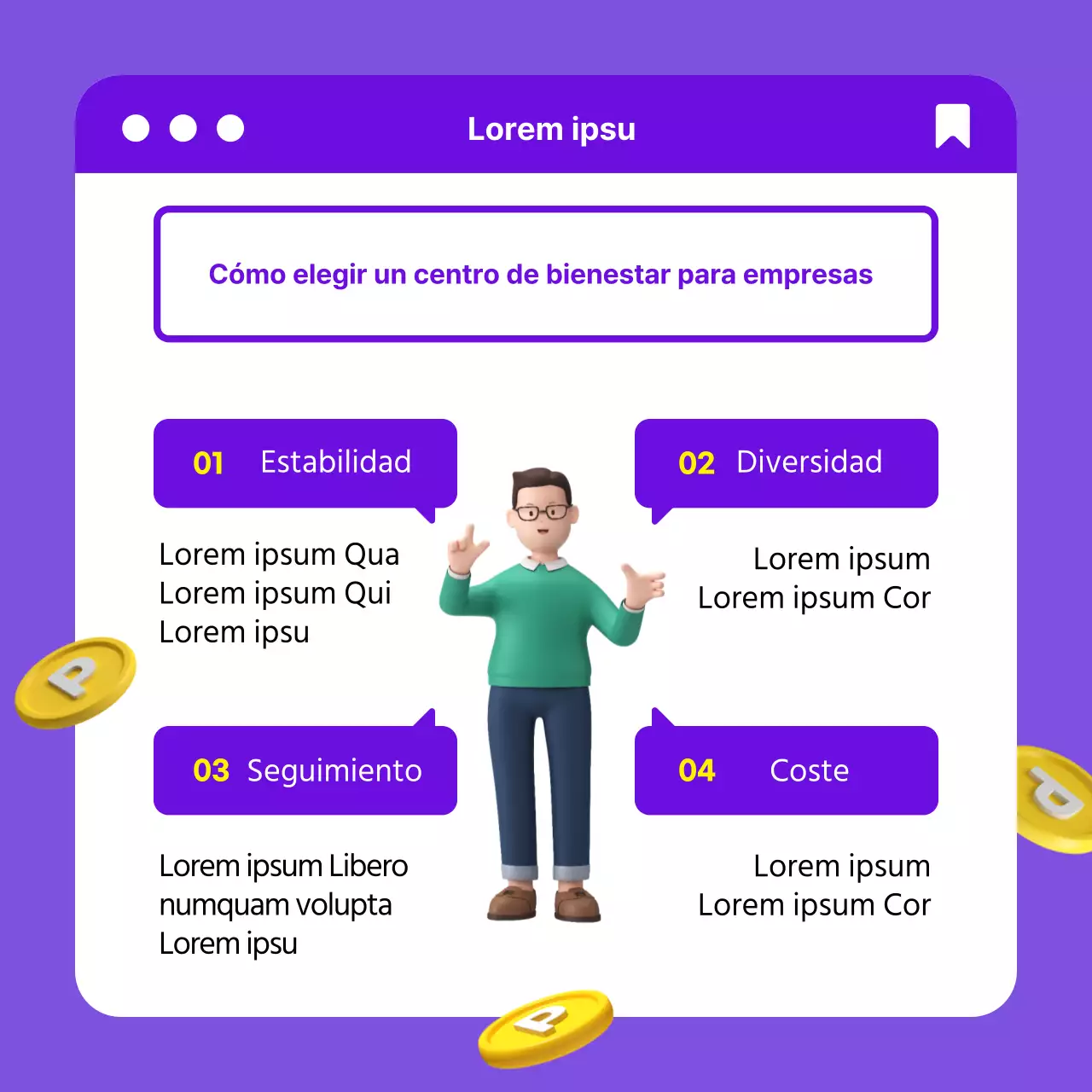 Efecto de centro comercial de bienestar corporativo con el concepto 3D púrpura-amarillo CardNews