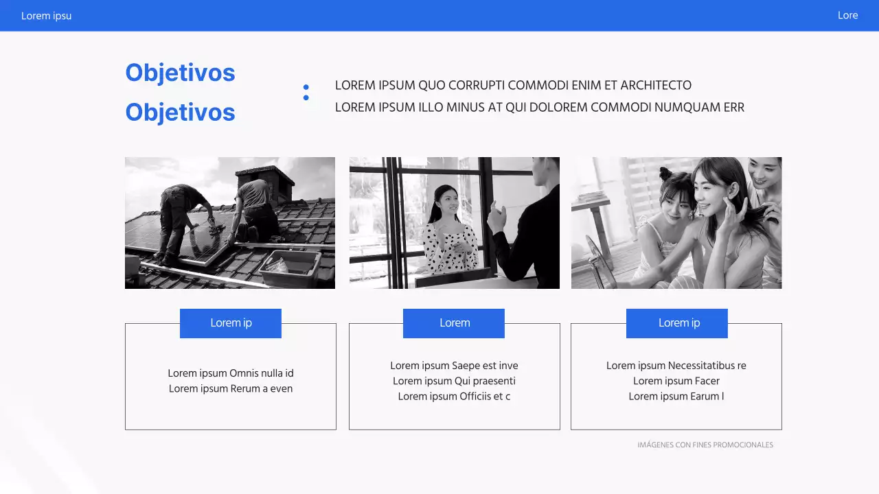 Sencilla presentación promocional en blanco y azul
