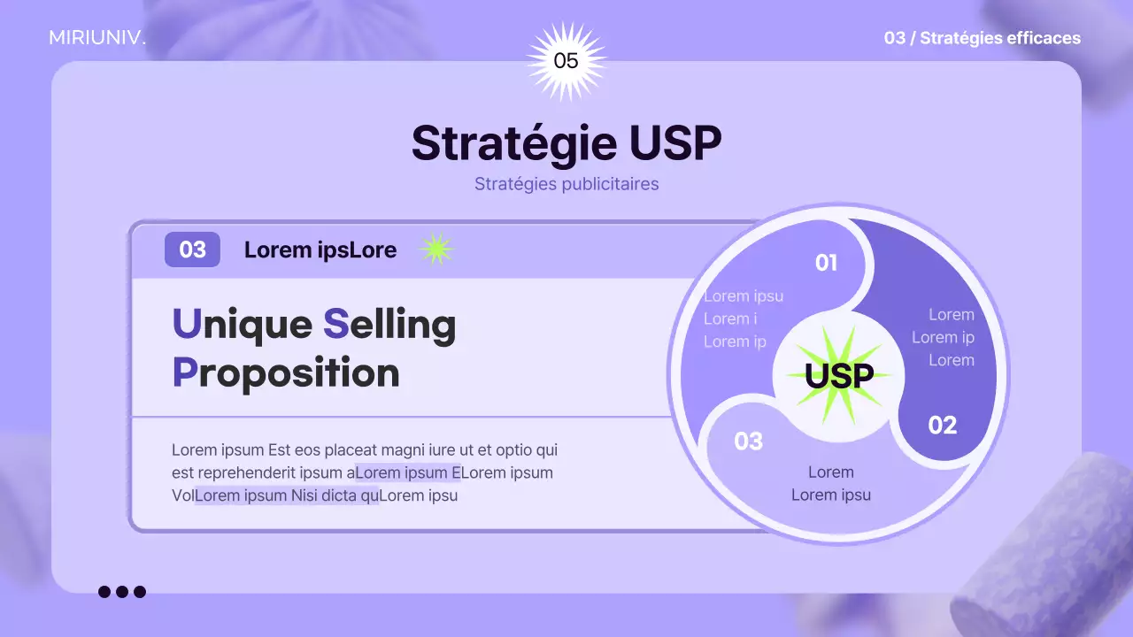 Utiliser des éléments 3D sur un fond mauve pour créer une impression d'espace afin d'informer la stratégie publicitaire.