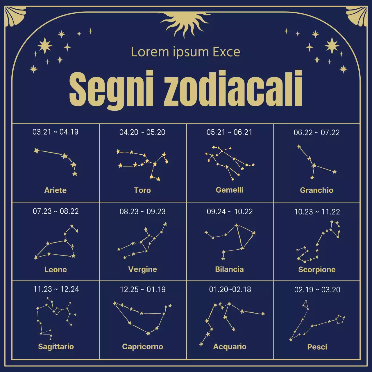 Le origini e gli oroscopi degli astri nelle mistiche illustrazioni dei tarocchi in blu navy e oro