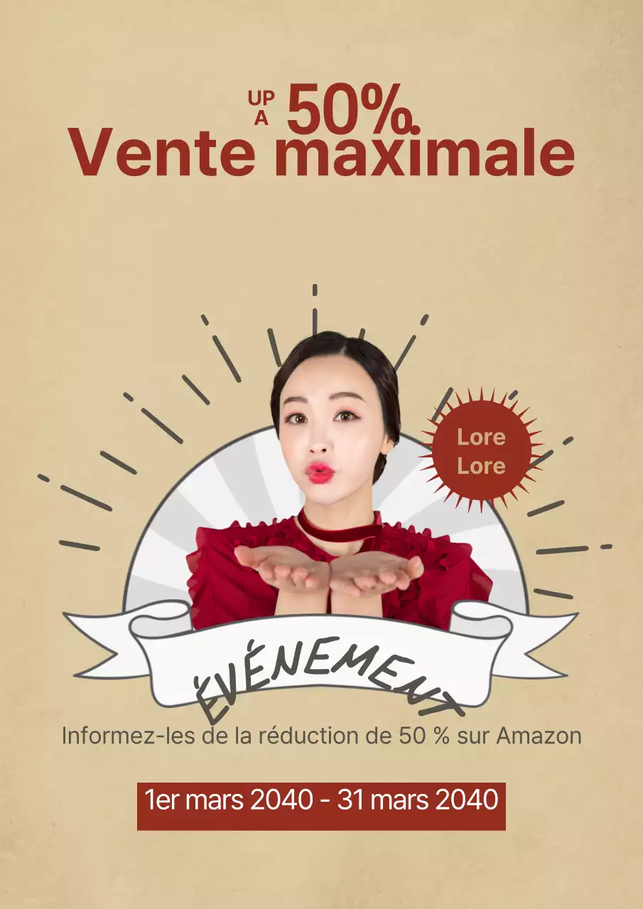 Prospectus simple, beige et rouge, pour un événement de vente à prix cassés