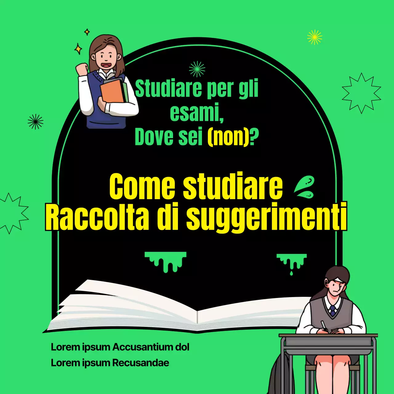 Una raccolta di consigli per lo studio con una semplice immagine verde e nera di uno studente che studia