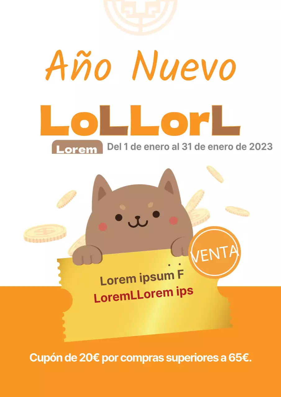 Bonita venta de Año Nuevo con una ilustración de un perrito naranja