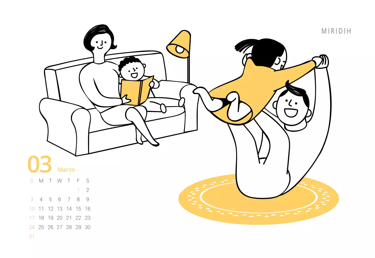 Simpatico calendario da tavolo illustrato verde a tema famiglia