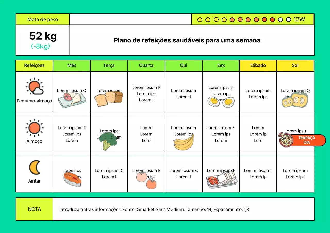 Tabela alimentar saudável ilustrada a verde e castanho-amarelado