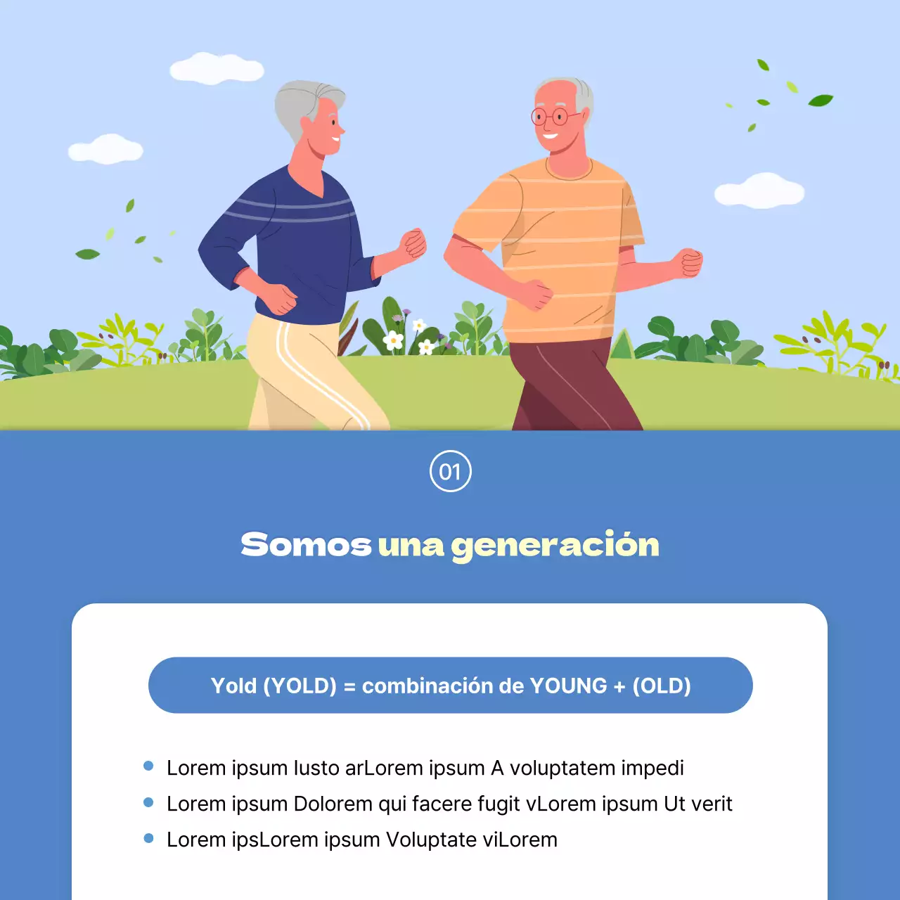 Una tarjeta ilustrada limpia con fondo azul y azul claro para comunicar información a las generaciones más jóvenes.