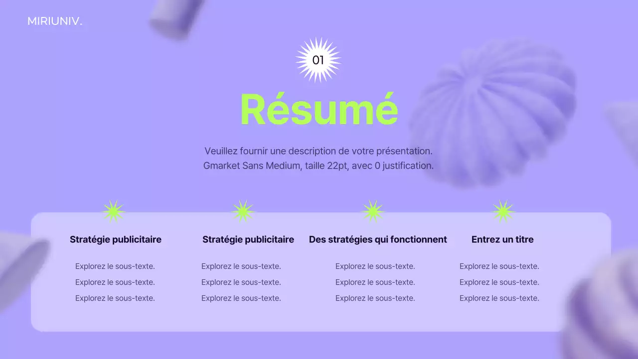 Utiliser des éléments 3D sur un fond mauve pour créer une impression d'espace afin d'informer la stratégie publicitaire.