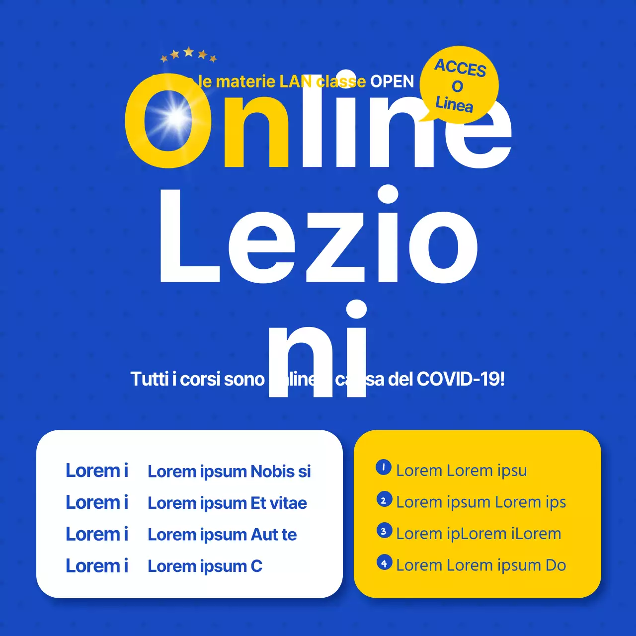 Un annuncio di reclutamento per la formazione online, pulito, blu e bianco.