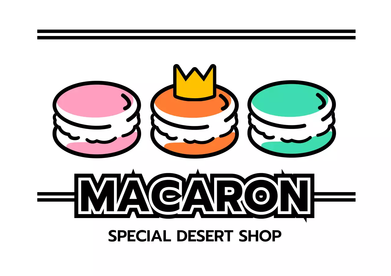 Promote a dessert shop with an illustration of macaroons in black and accent colors.