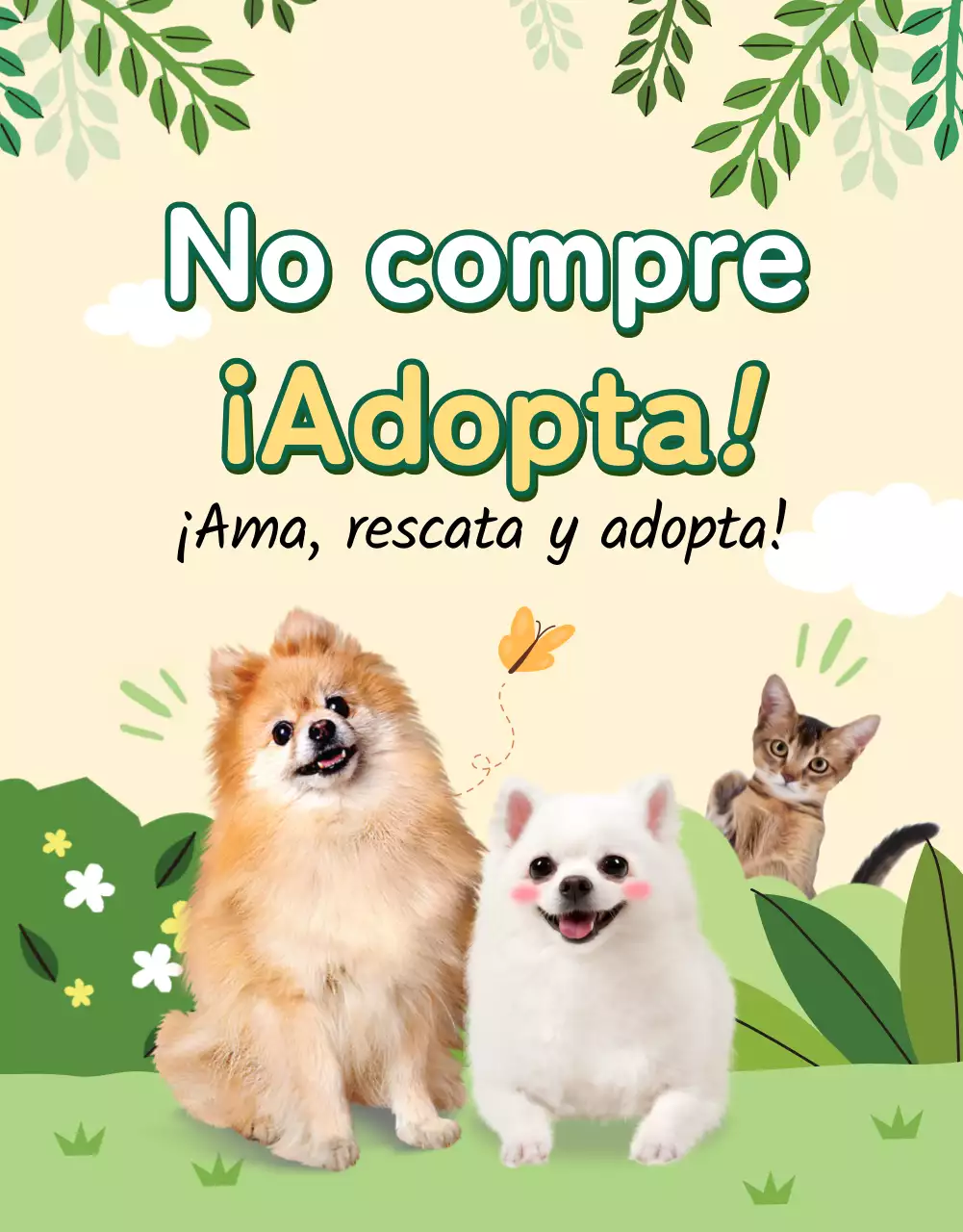 Página verde y amarilla sobre adopción de mascotas