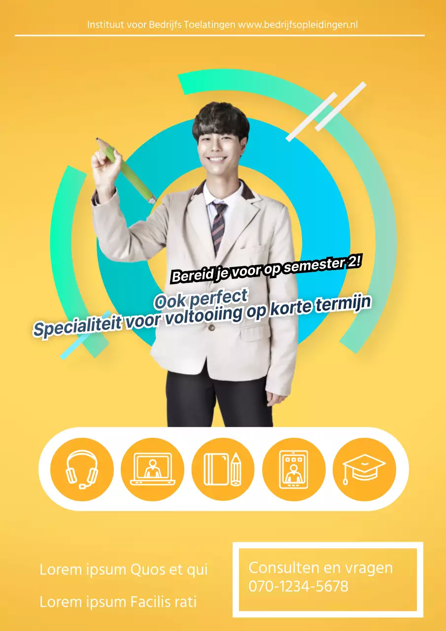 Promoot een gespecialiseerde toelatingsschool met gele en blauwe leerlingfoto's en onderwijspictogrammen