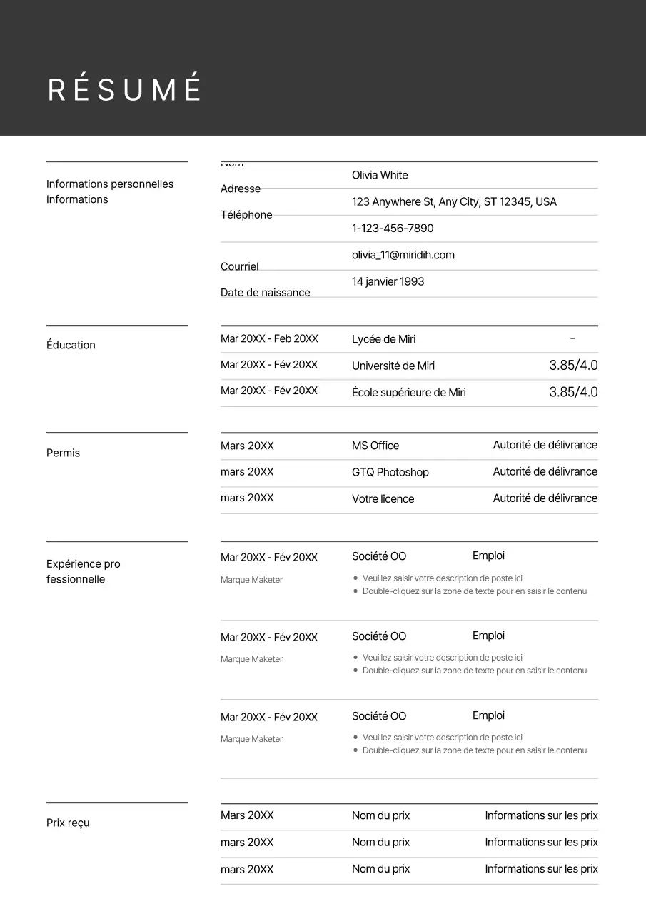 Un formulaire de CV gris, au concept simple
