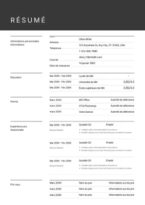 Un formulaire de CV gris, au concept simple