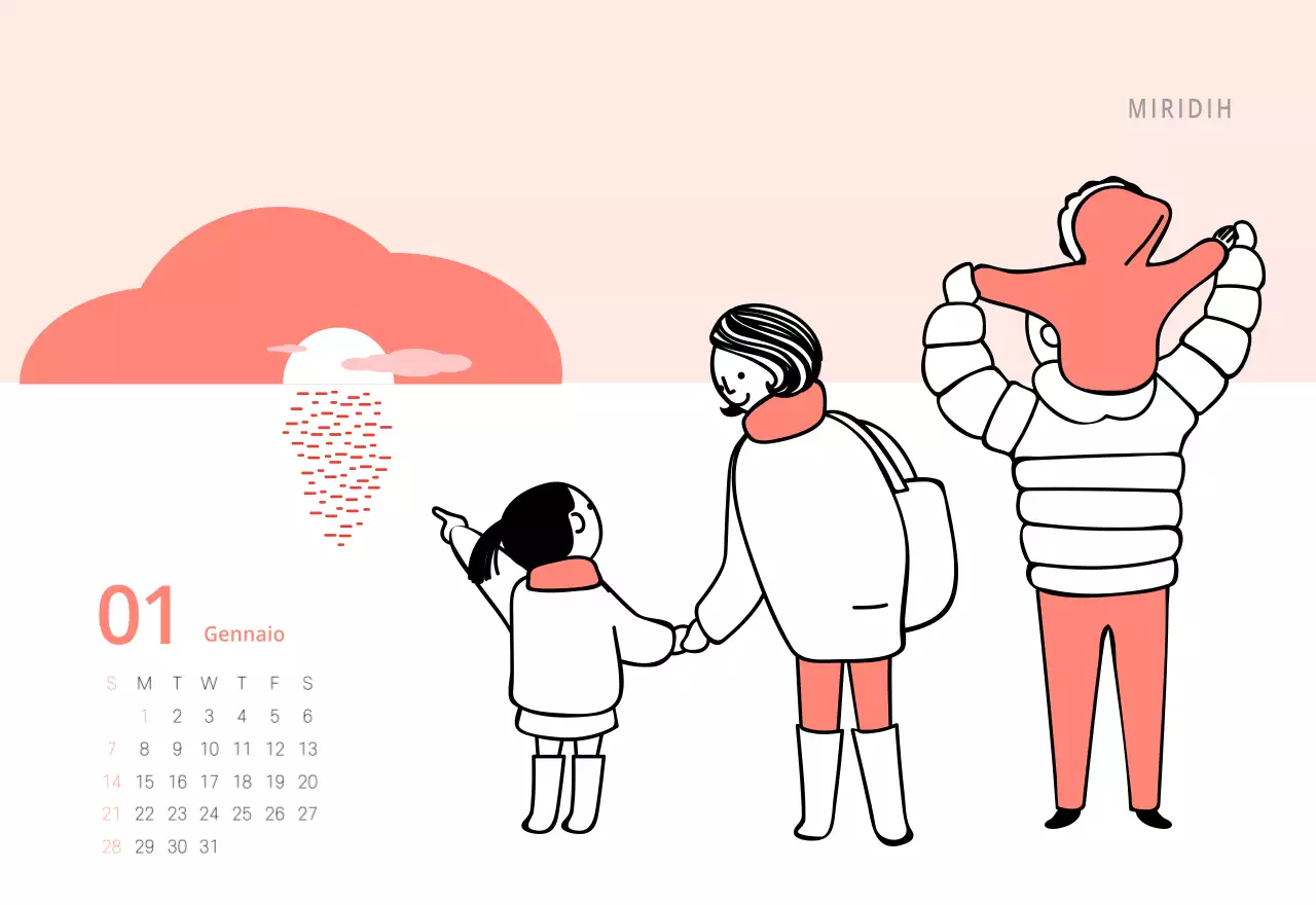 Simpatico calendario da tavolo illustrato verde a tema famiglia