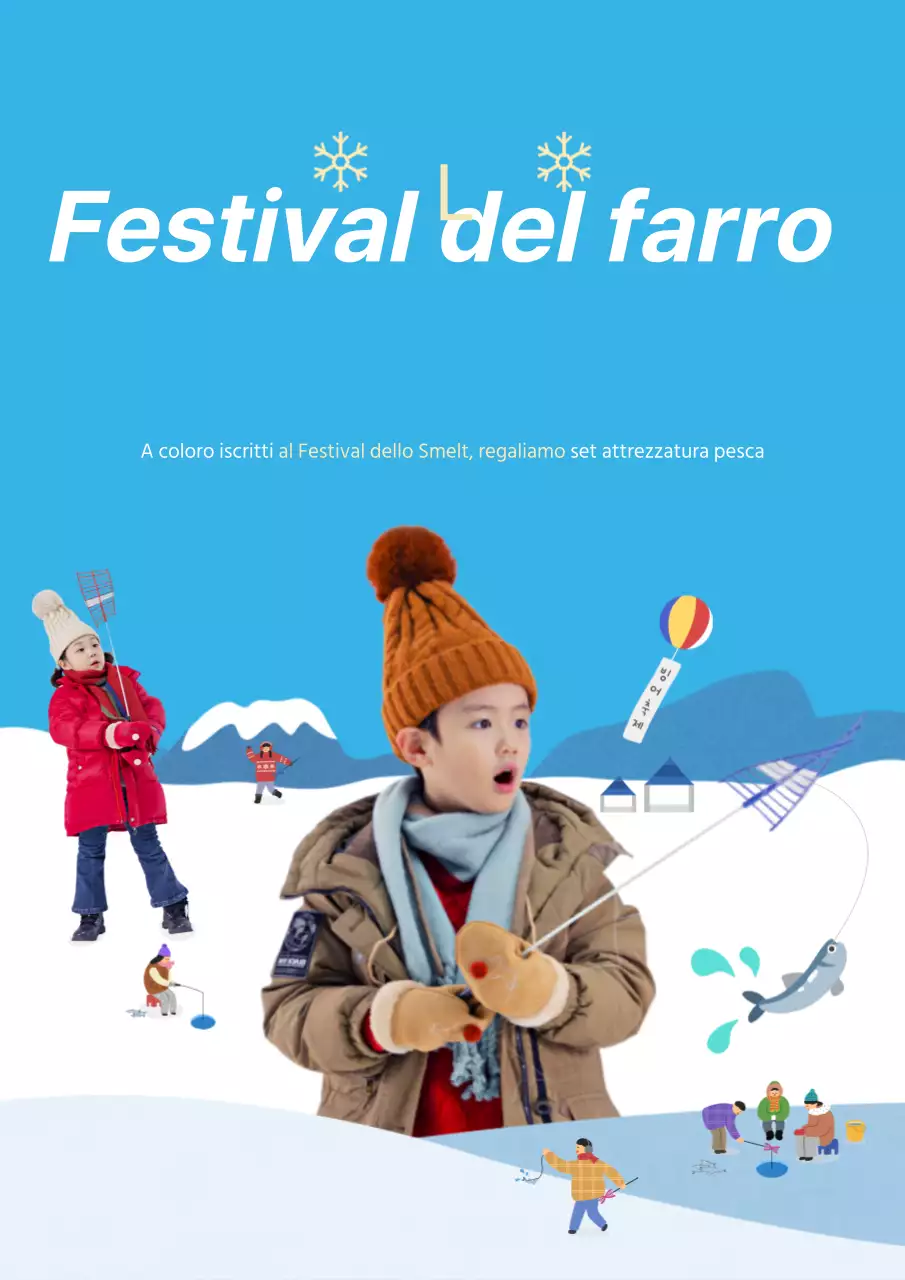 Simpatico poster promozionale del festival della pesca allo smelt in azzurro