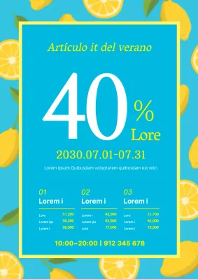 Folleto promocionando una venta de artículos de verano en azul claro y amarillo