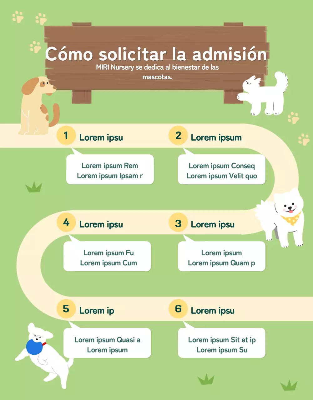 Página verde y amarilla sobre adopción de mascotas