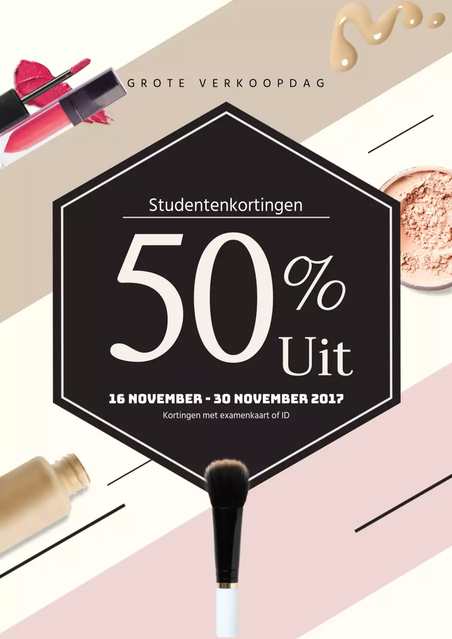Openingsevenement van een nieuwe cosmeticawinkel met foto's van verschillende cosmetica in beige kleur
