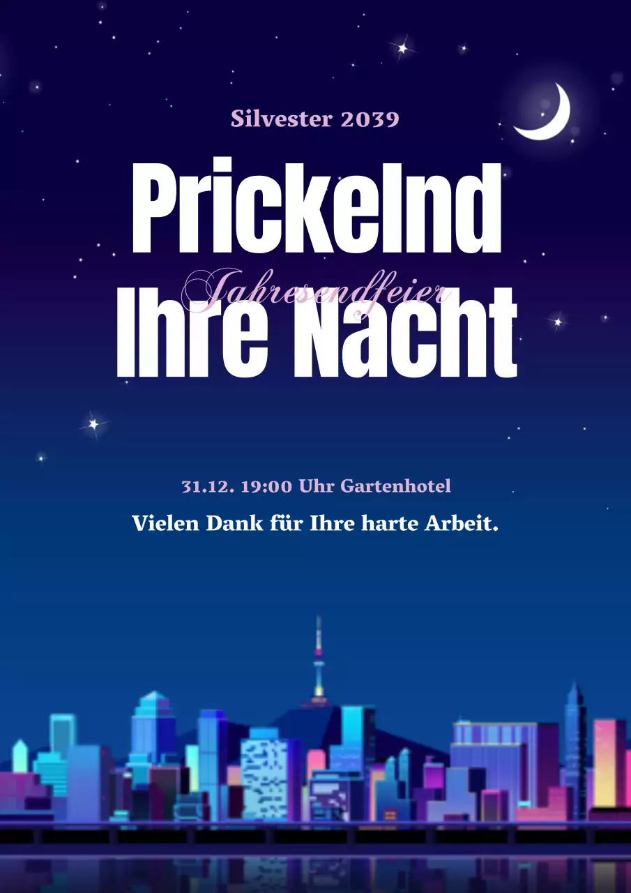 Werbung für einen Rückzugsort mit einem tiefblauen Nachthimmel und einer Illustration einer Stadtlandschaft
